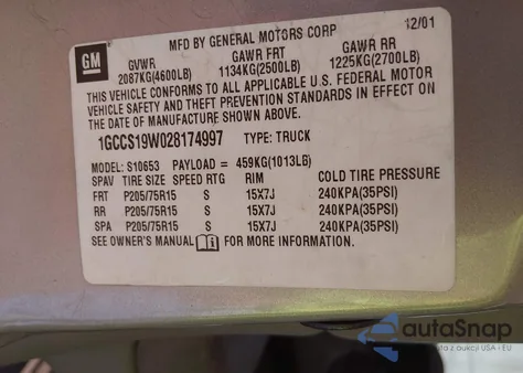 2002 Chevrolet S-10 Ls z USA, uszkodzony, nr VIN 1GCCS19W028174997